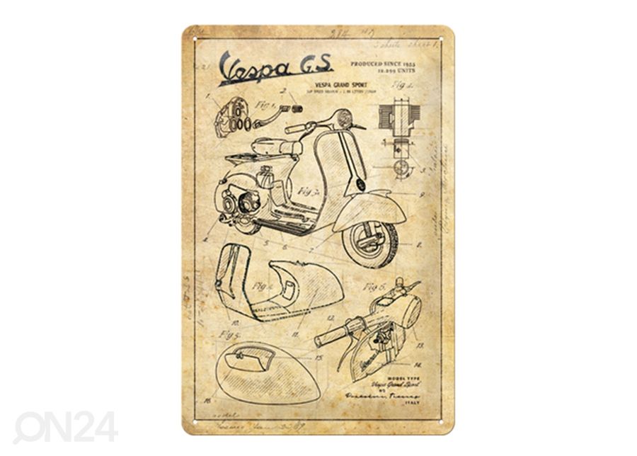 Retro metallitaulu Vespa - Parts Sketches 20x30 cm kuvasuurennos