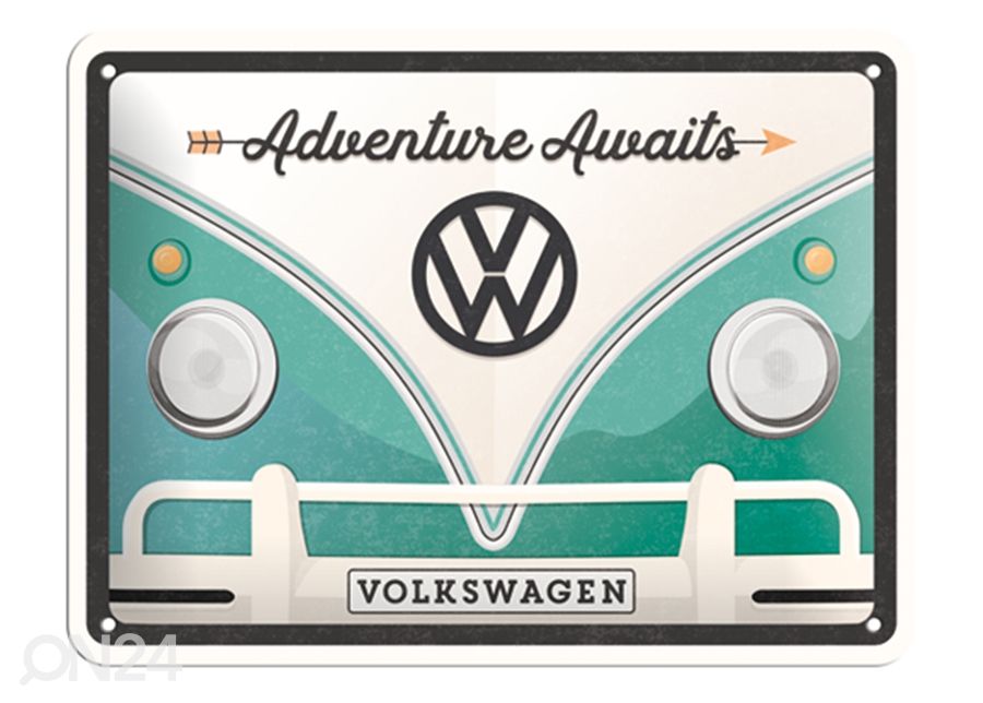 Retro metallitaulu VW Bulli Adventure Awaits 15x20 cm kuvasuurennos