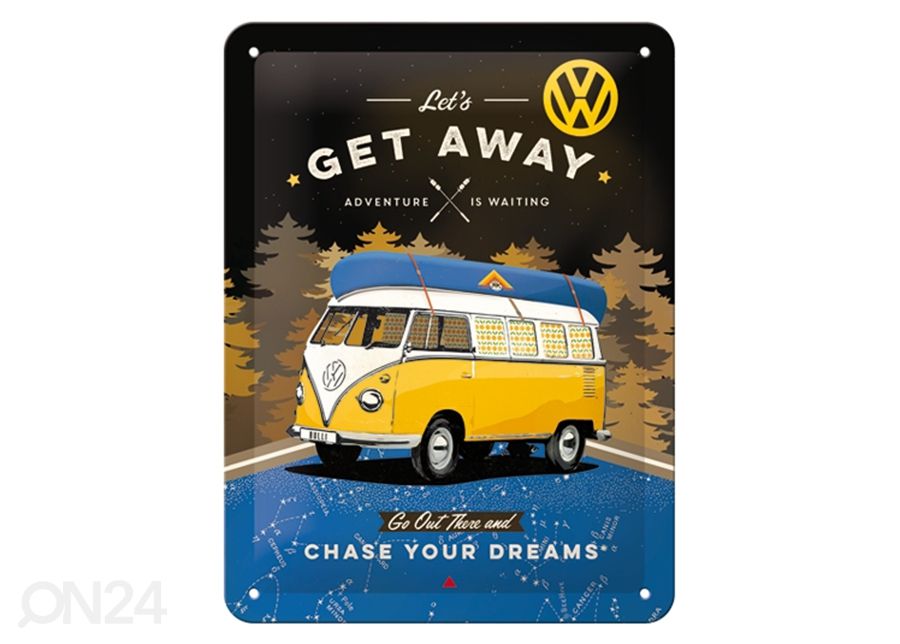 Retro metallitaulu VW Bulli - Let's Get Away Night 15x20 cm kuvasuurennos