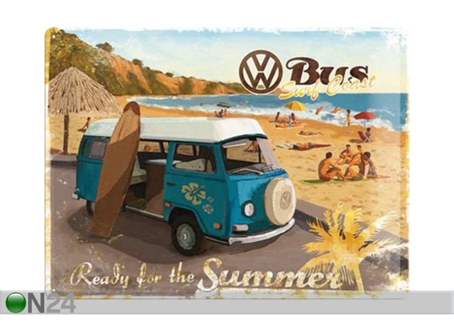 Retro metallitaulu VW Bus Ready For The Summer 30x40 cm kuvasuurennos