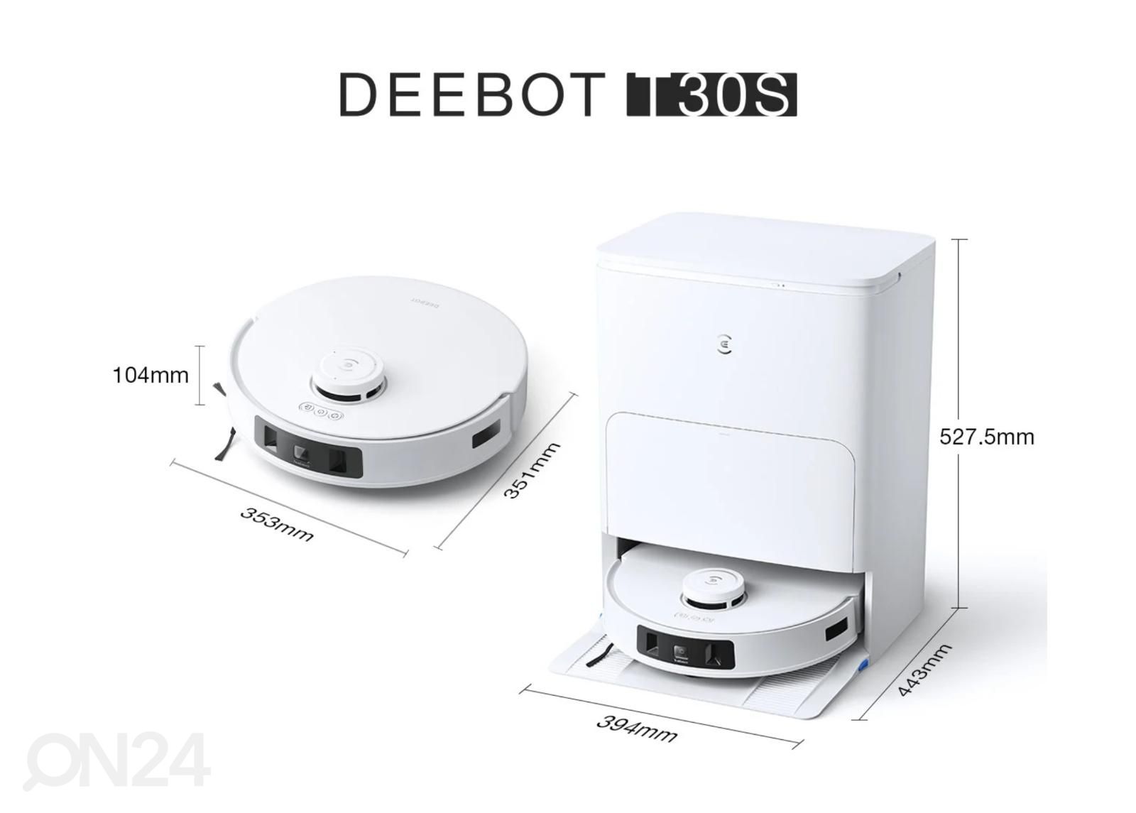 Robotti-imuri Ecovacs Deebot T30S, märkä- ja kuivapesu kuvasuurennos mitat