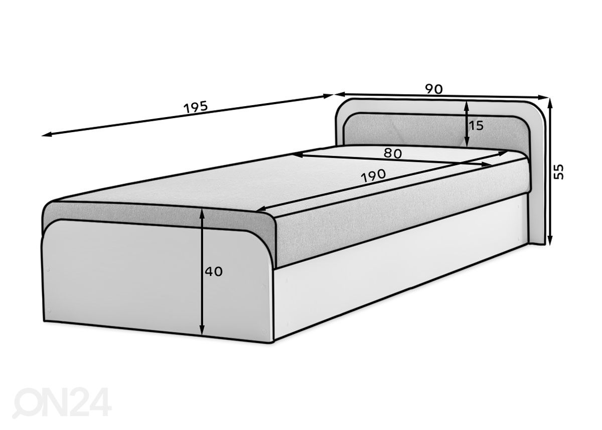 Runkosänky vuodevaatelaatikolla Pamela 80x190 cm kuvasuurennos mitat