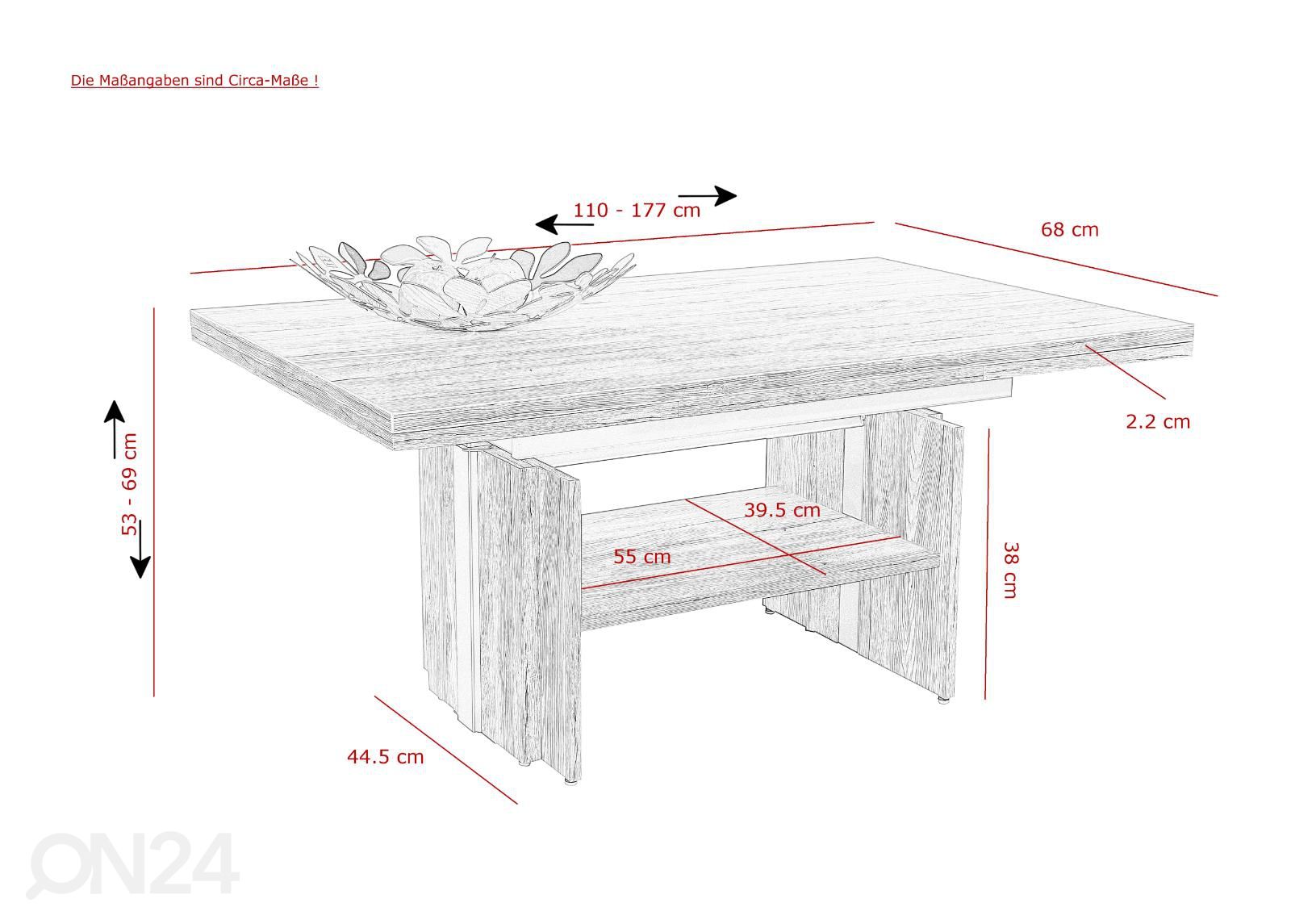 Säädettävä ruokapöytä Jerome 68x110/177 cm kuvasuurennos mitat