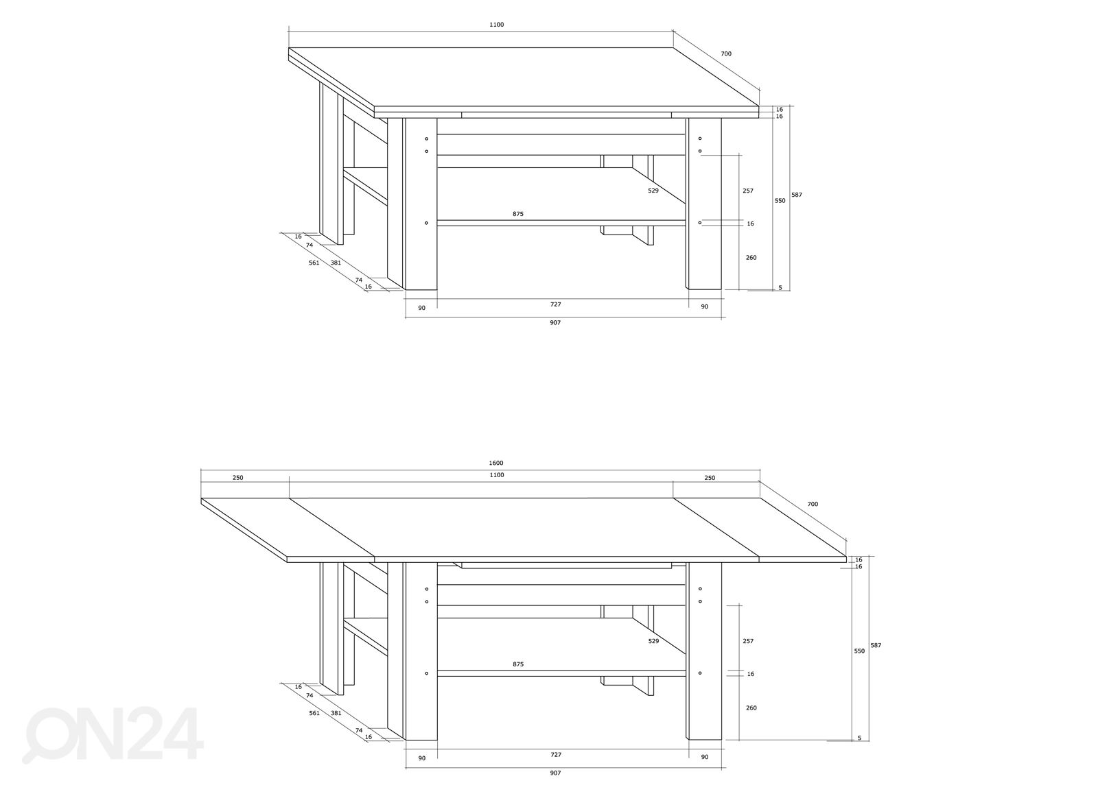 Säädettävä sohvapöytä 110/160x70 cm kuvasuurennos mitat