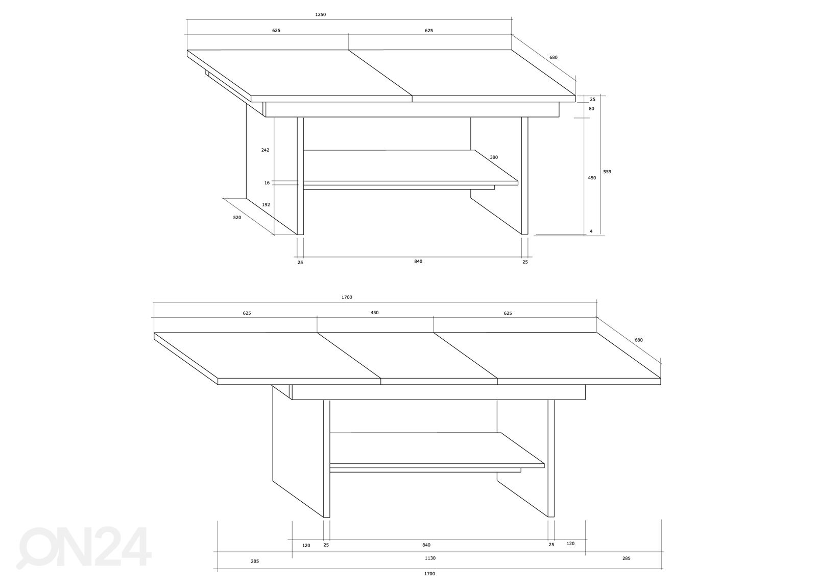 Säädettävä sohvapöytä 125/170x68 cm kuvasuurennos mitat