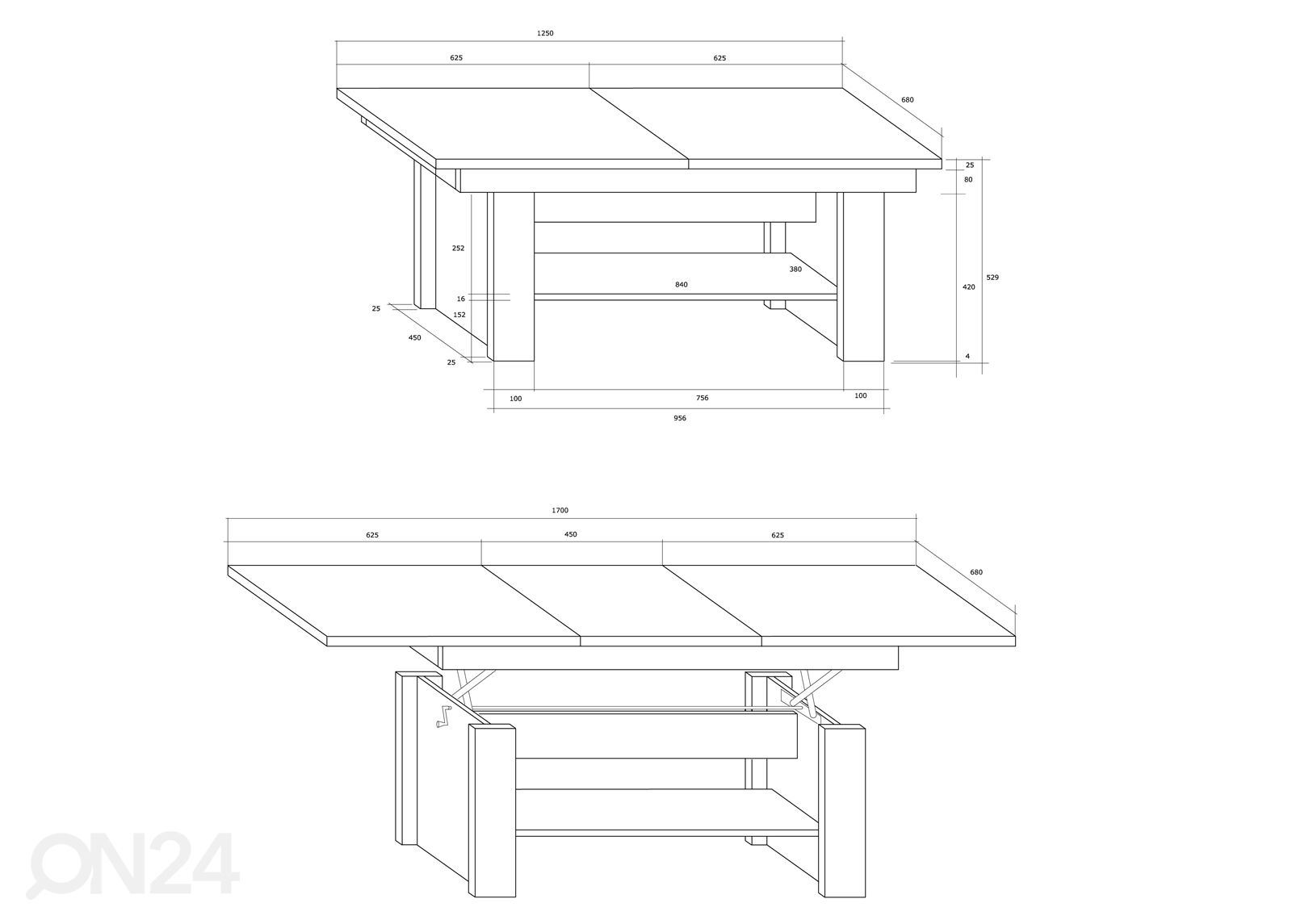 Säädettävä sohvapöytä 125/170x68 cm kuvasuurennos mitat