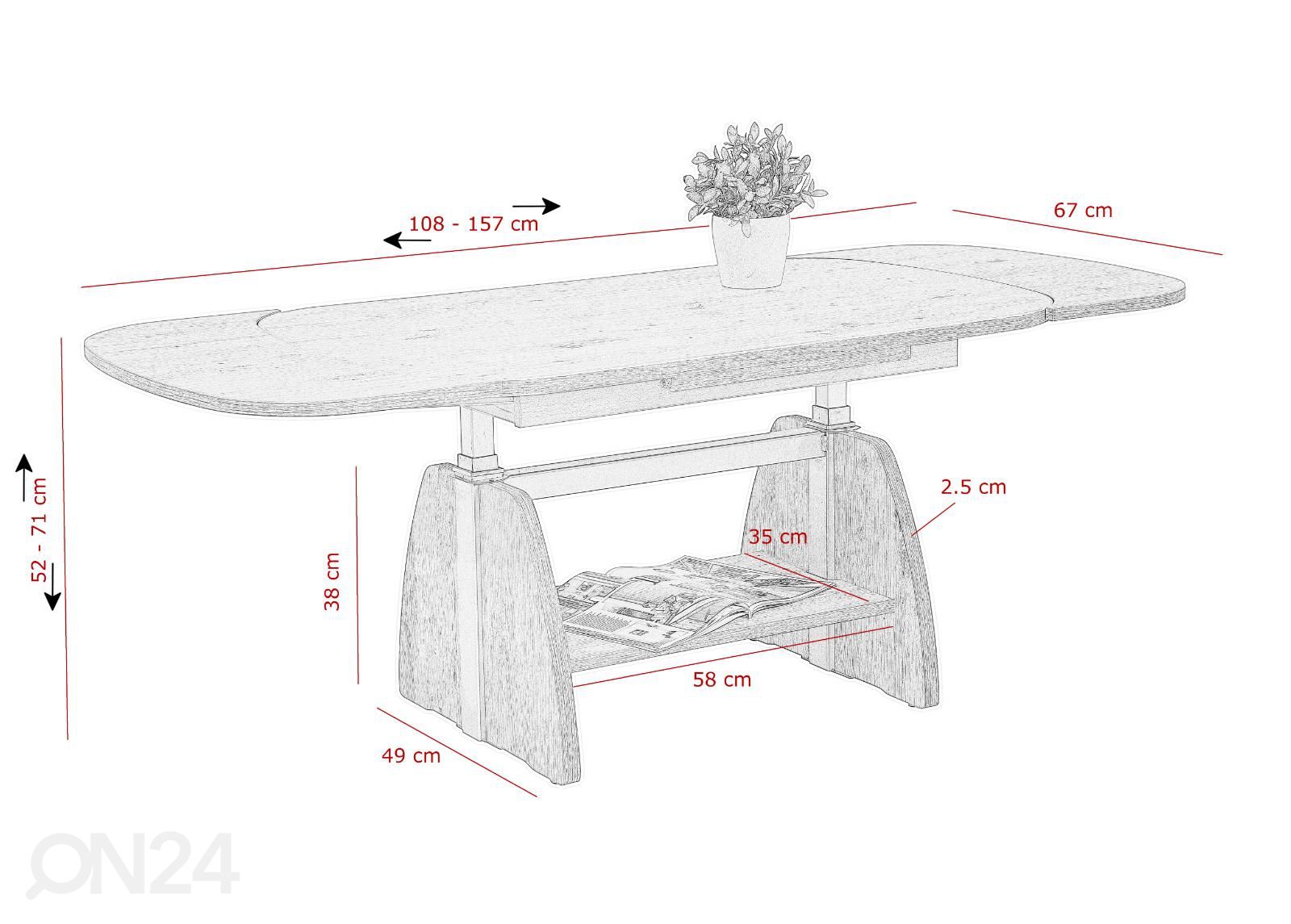 Säädettävä sohvapöytä Colin 67x108-157 cm kuvasuurennos mitat