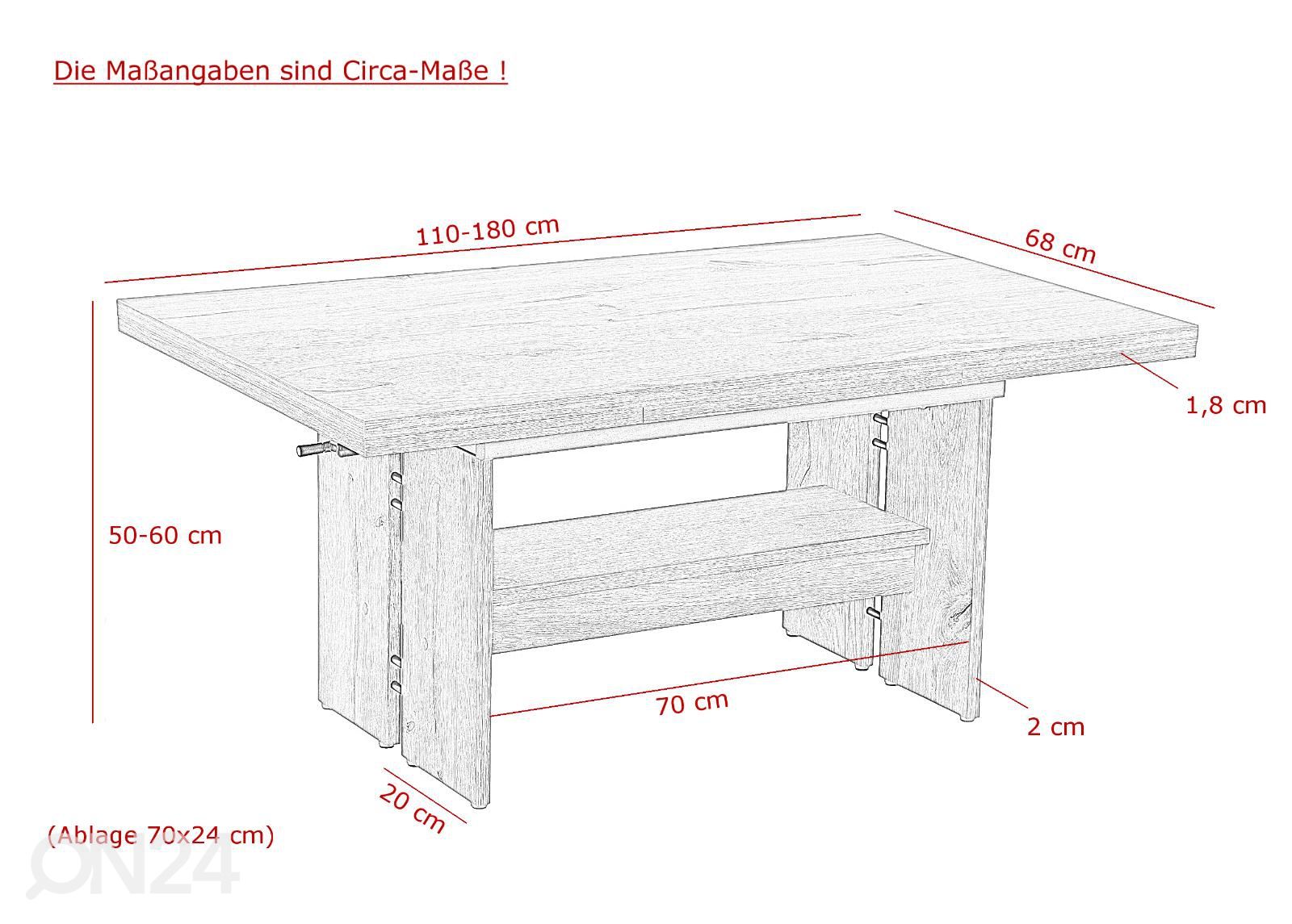 Säädettävä sohvapöytä Felix 68x110-180 cm kuvasuurennos mitat