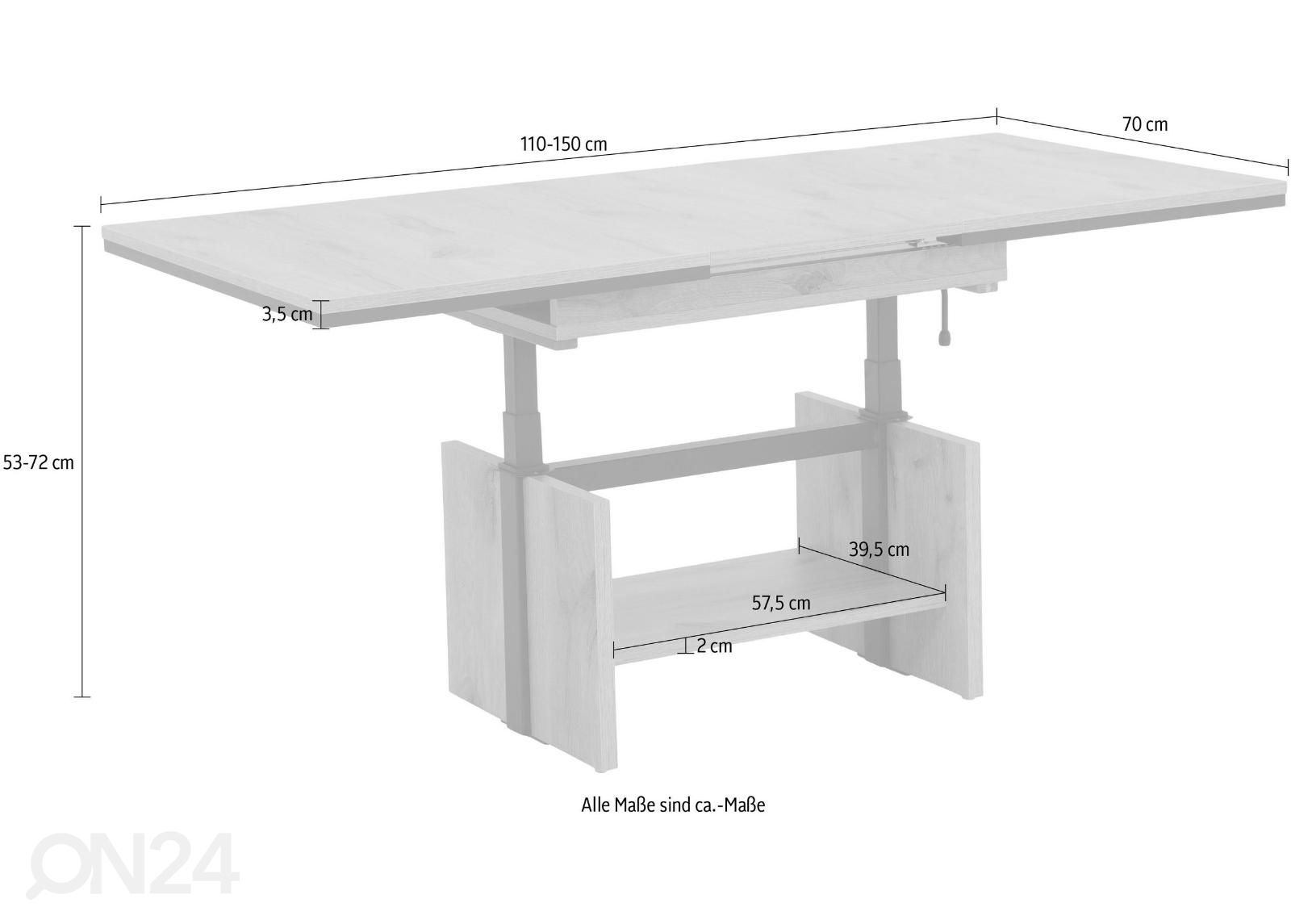 Säädettävä sohvapöytä Ingo 70x110-150 cm kuvasuurennos mitat