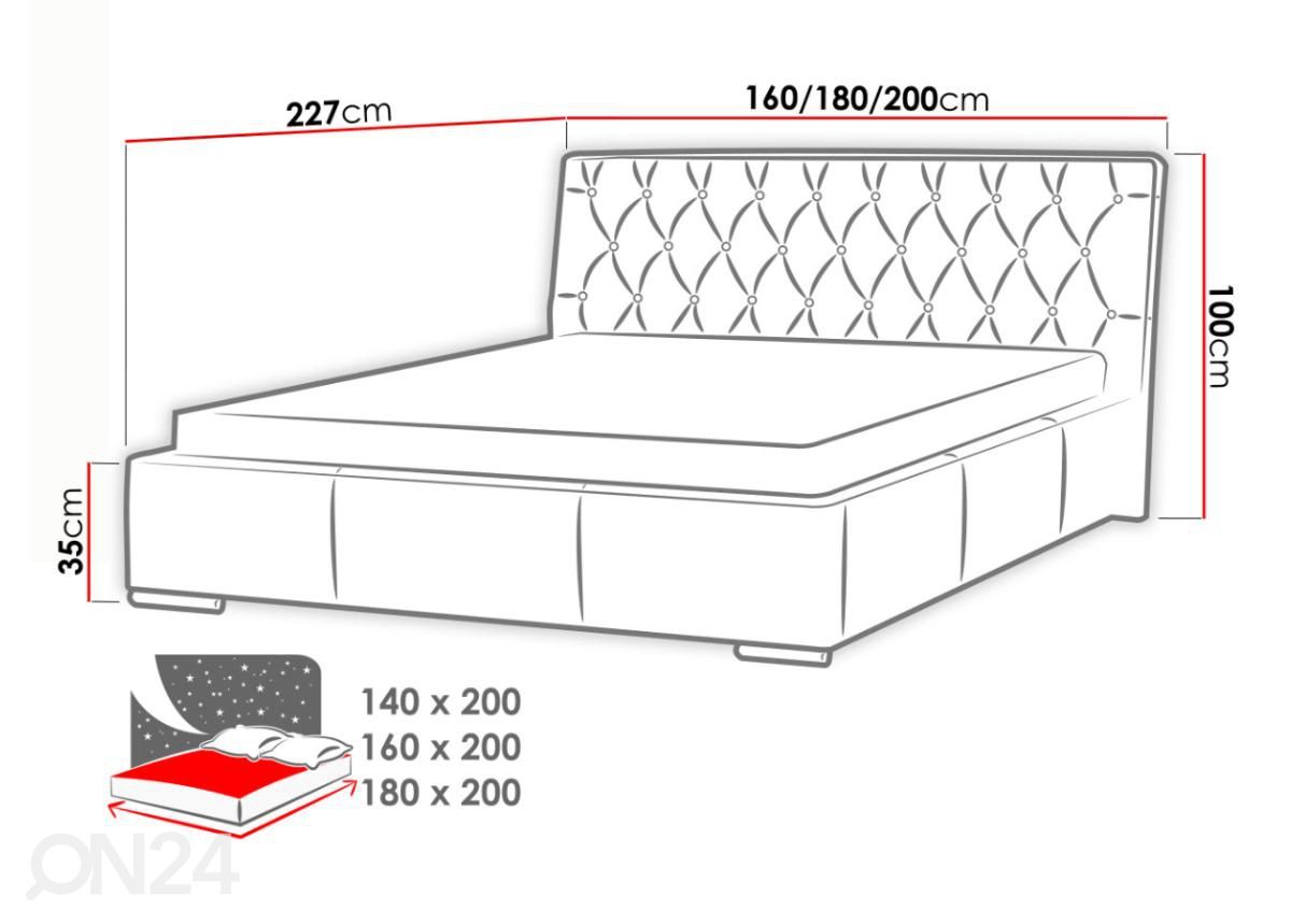 Sänky 140x200 cm vuodevaatelaatikolla kuvasuurennos mitat