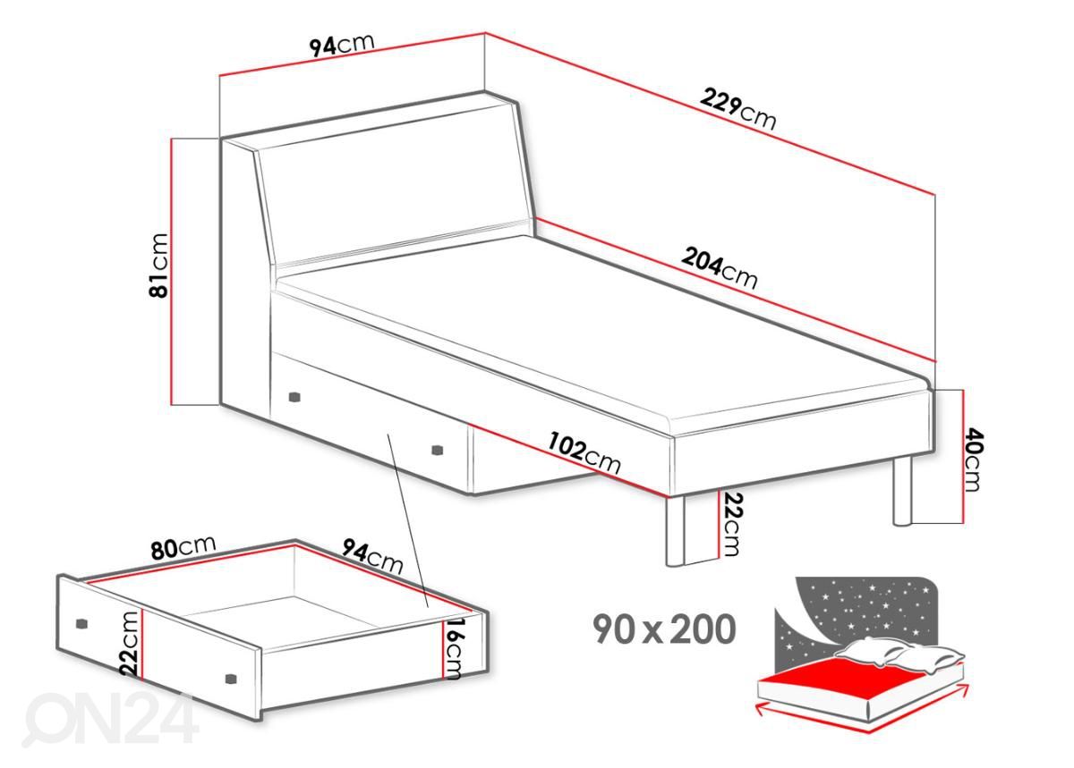 Sänky 90x200 cm + vuodevaatelaatikko kuvasuurennos mitat