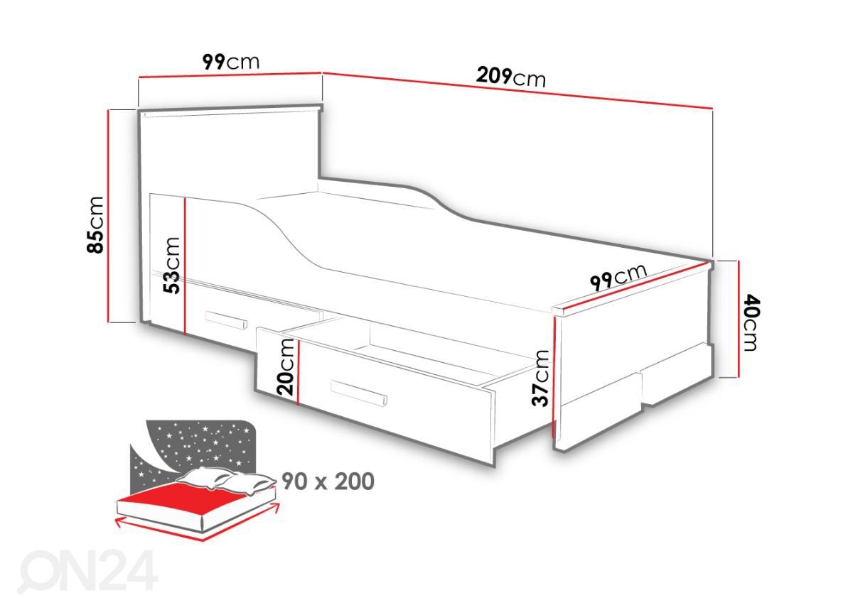 Sänky 90x200 cm + vuodevaatelaatikot kuvasuurennos mitat