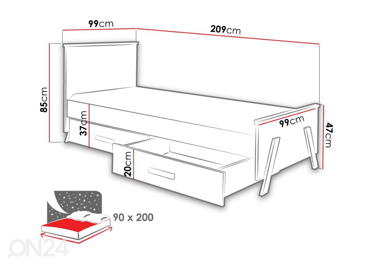Sänky 90x200 cm + vuodevaatelaatikot kuvasuurennos mitat