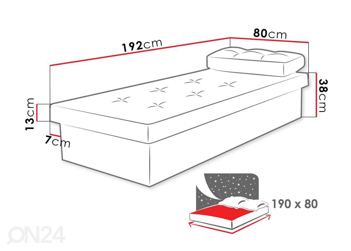 Sänky vuodevaatelaatikolla 80x190 cm kuvasuurennos mitat