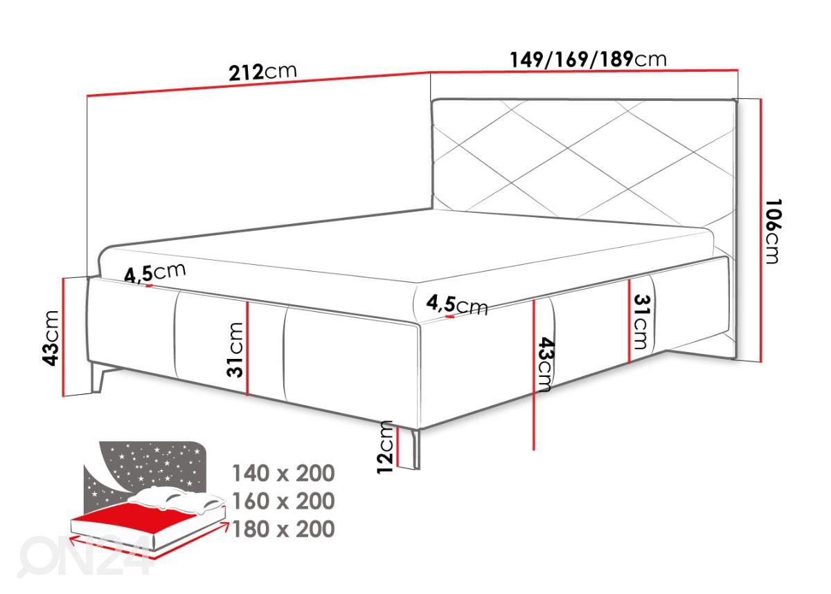 Sänky vuodevaatelaatikolla Scarlet 160x200 cm kuvasuurennos mitat