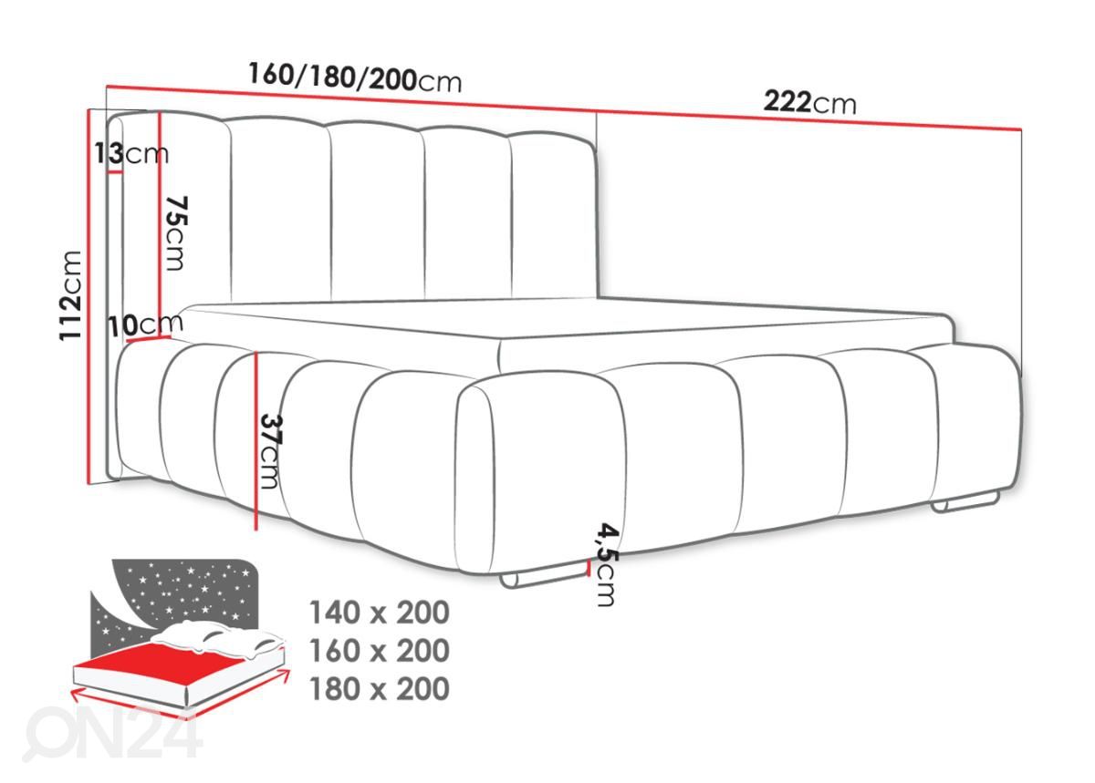 Sänky vuodevaatelaatikolla Wizko 140x200 cm kuvasuurennos mitat