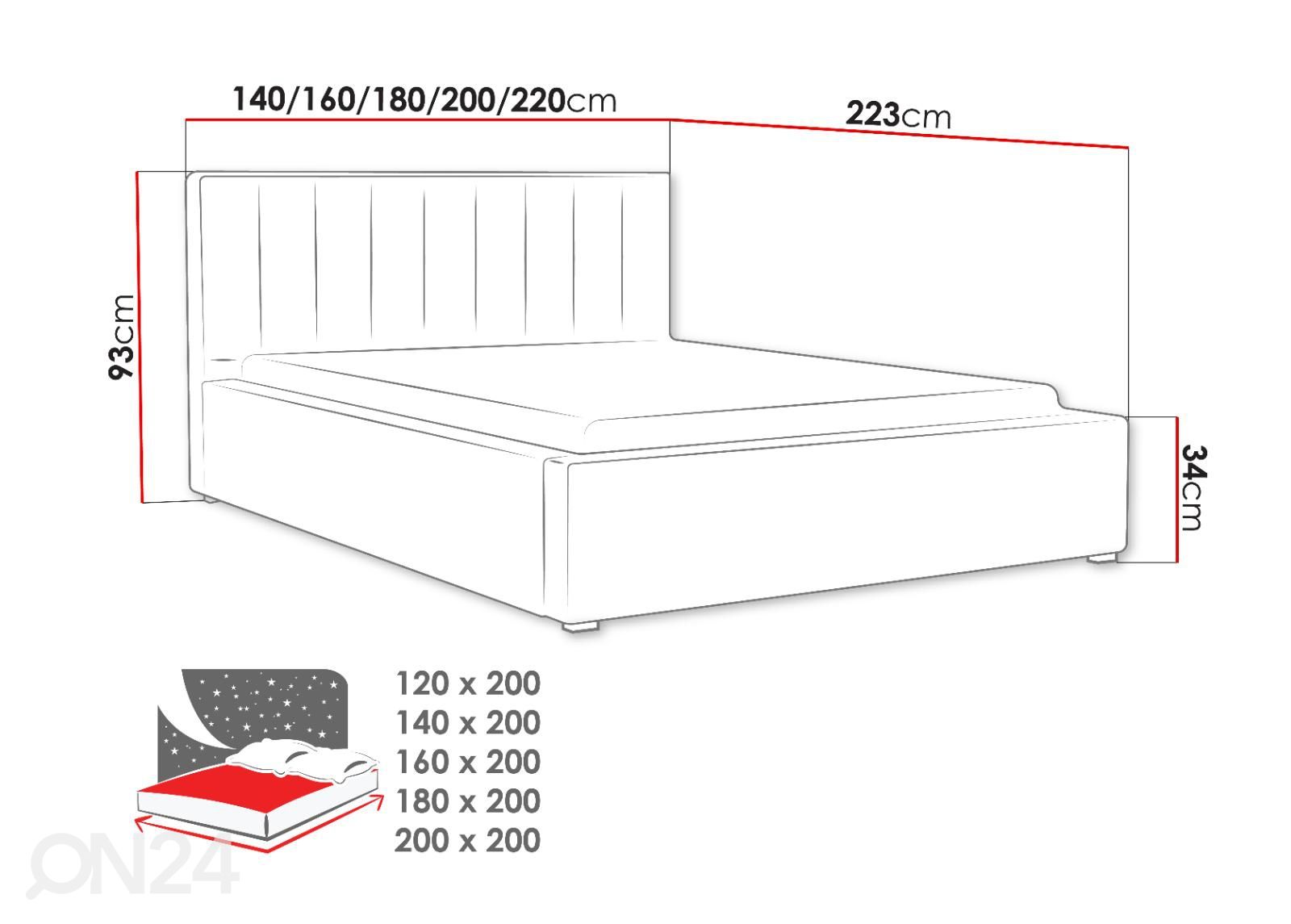 Sänky ylösnostettavalla pohjalla 120x200 cm kuvasuurennos mitat