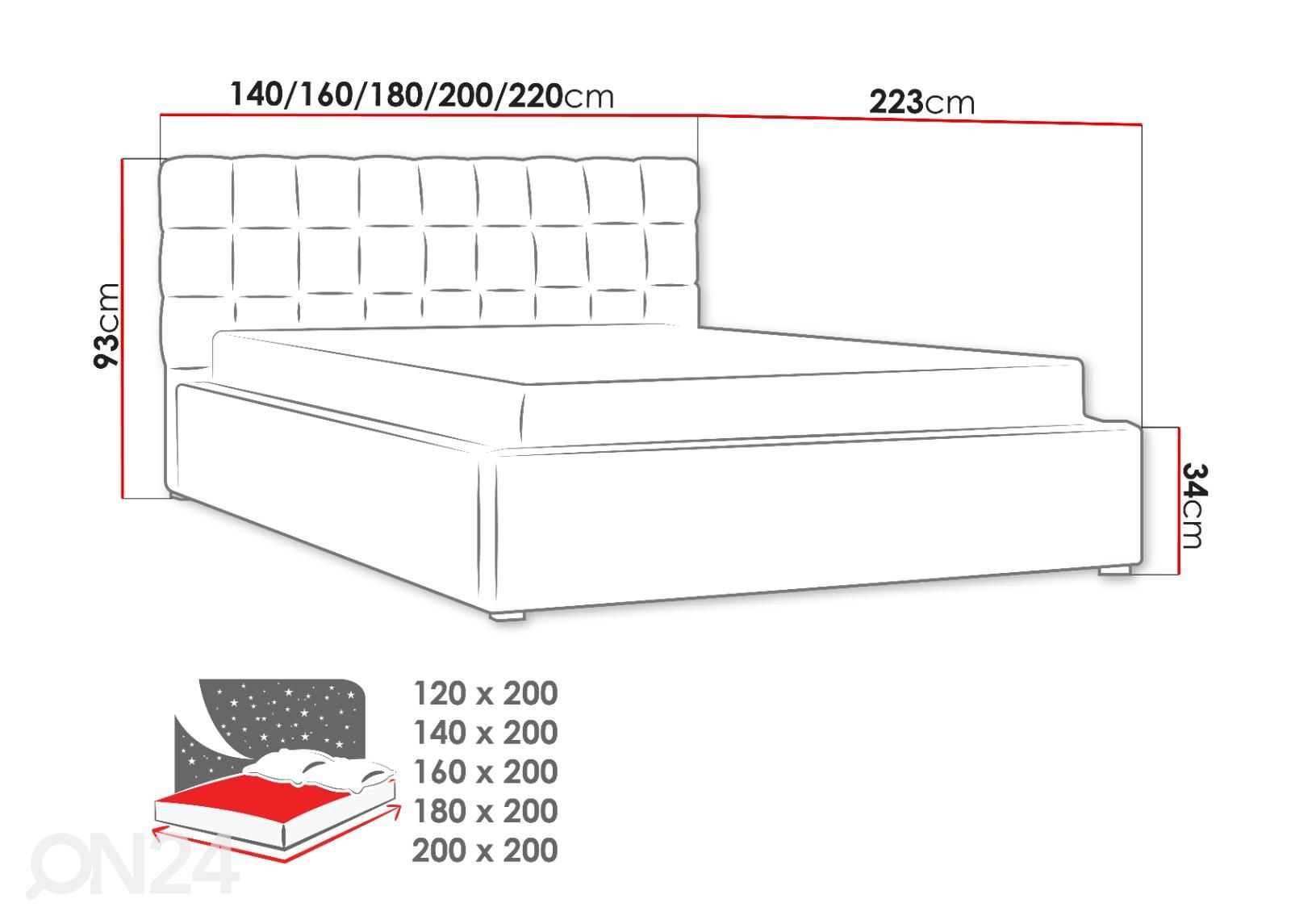 Sänky ylösnostettavalla pohjalla 120x200 cm kuvasuurennos mitat