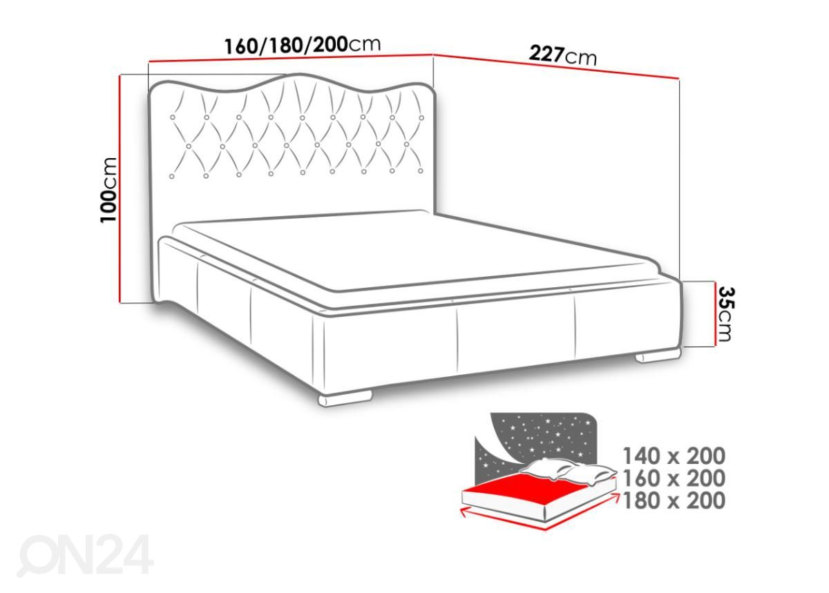 Sänky ylösnostettavalla pohjalla 140x200 cm kuvasuurennos mitat