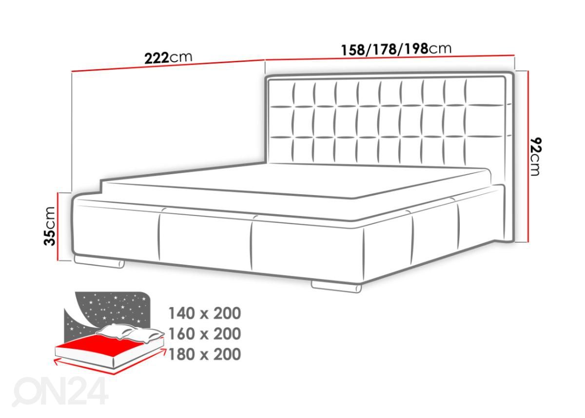 Sänky ylösnostettavalla pohjalla 140x200 cm kuvasuurennos mitat
