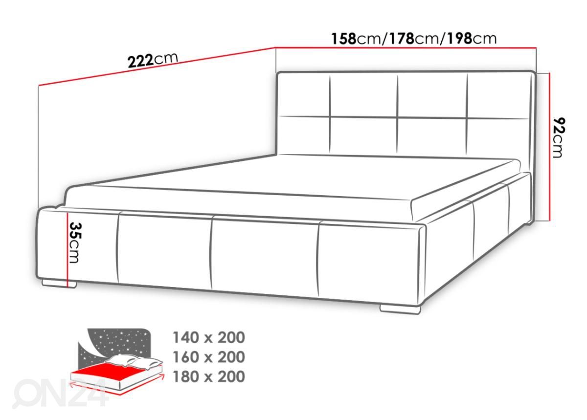 Sänky ylösnostettavalla pohjalla 180x200 cm kuvasuurennos mitat