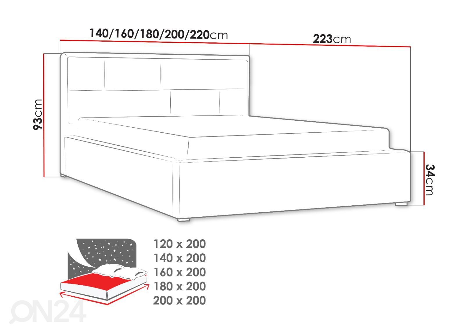 Sänky ylösnostettavalla sängynpohjalla 120x200 cm kuvasuurennos mitat