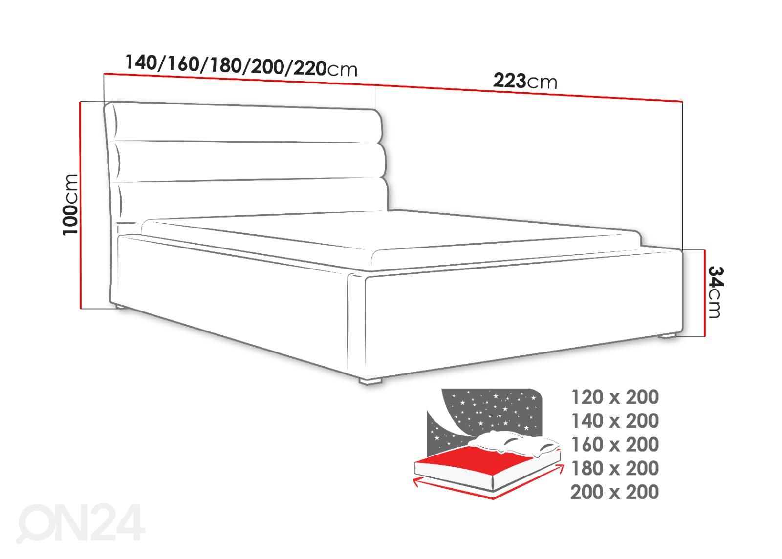 Sänky ylösnostettavalla sängynpohjalla 120x200 cm kuvasuurennos mitat