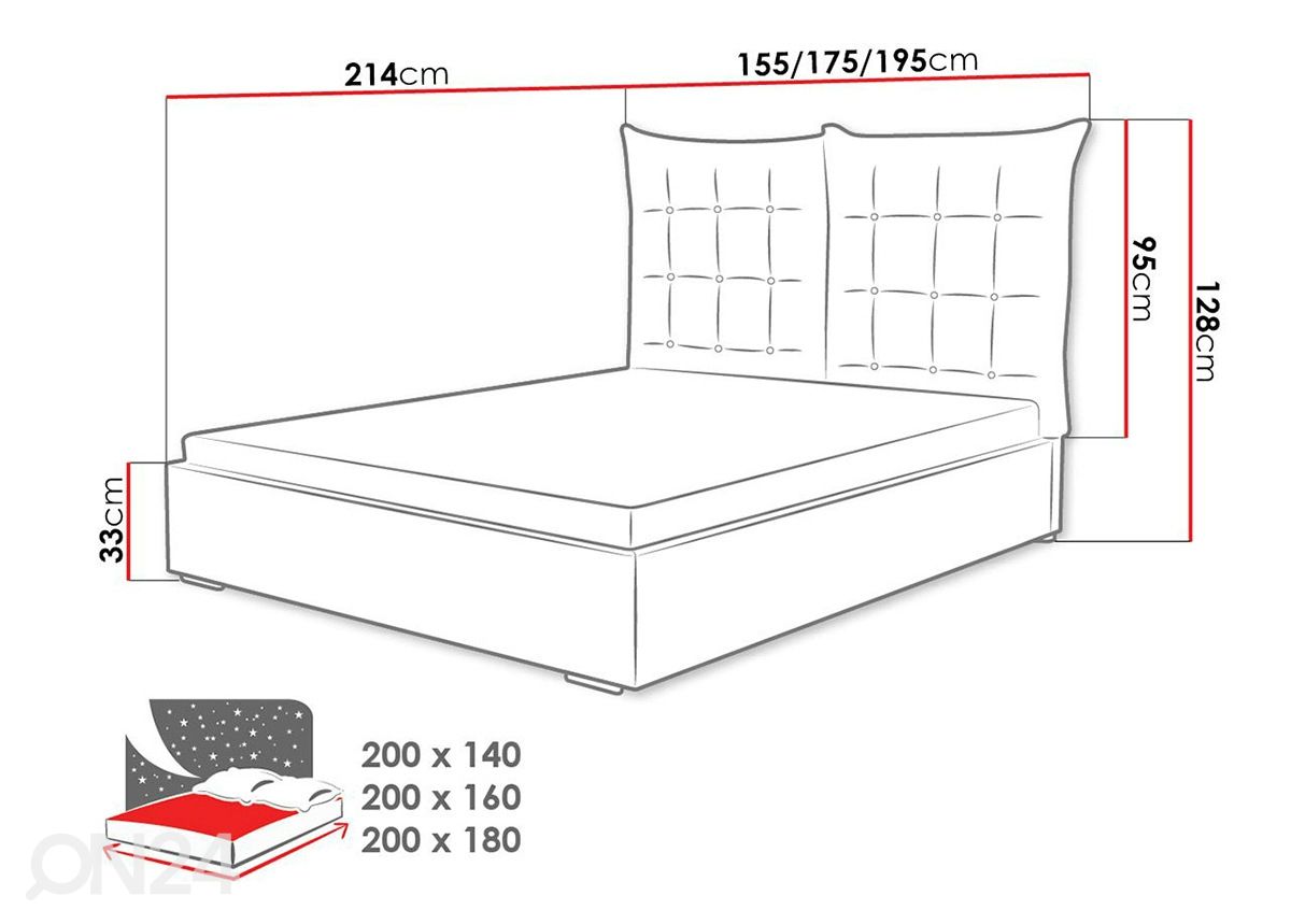Sänky ylösnostettavalla sängynpohjalla 140x200 cm kuvasuurennos mitat