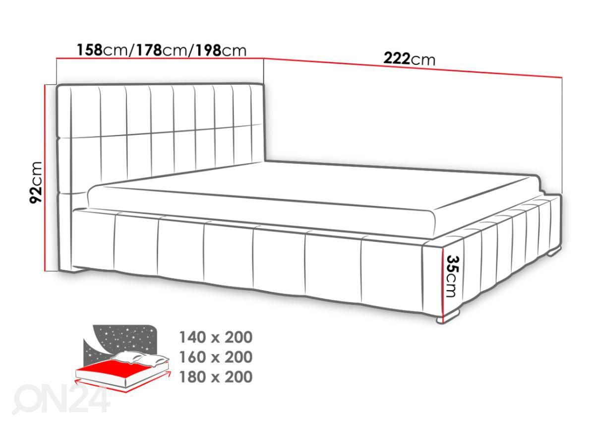 Sänky ylösnostettavalla sängynpohjalla 140x200 cm kuvasuurennos mitat