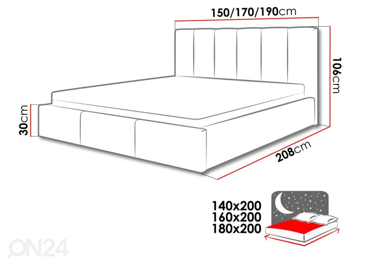 Sänky ylösnostettavalla sängynpohjalla 160x200 cm kuvasuurennos mitat