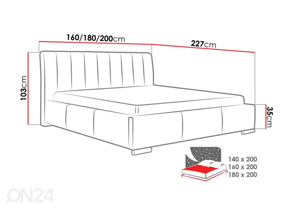 Sänky ylösnostettavalla sängynpohjalla 160x200 cm kuvasuurennos mitat