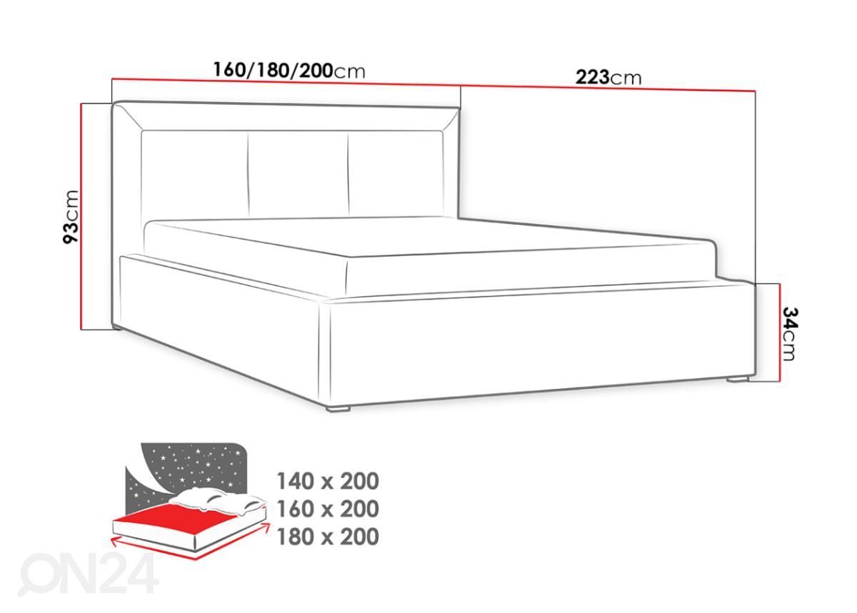 Sänky ylösnostettavalla sängynpohjalla 160x200 cm kuvasuurennos mitat