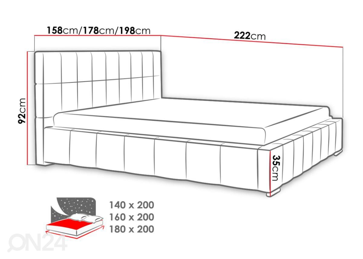 Sänky ylösnostettavalla sängynpohjalla 160x200 cm kuvasuurennos mitat