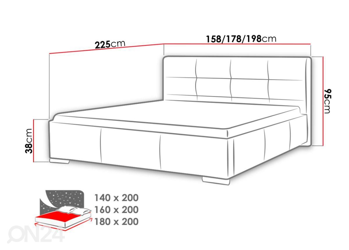 Sänky ylösnostettavalla sängynpohjalla 180x200 cm kuvasuurennos mitat