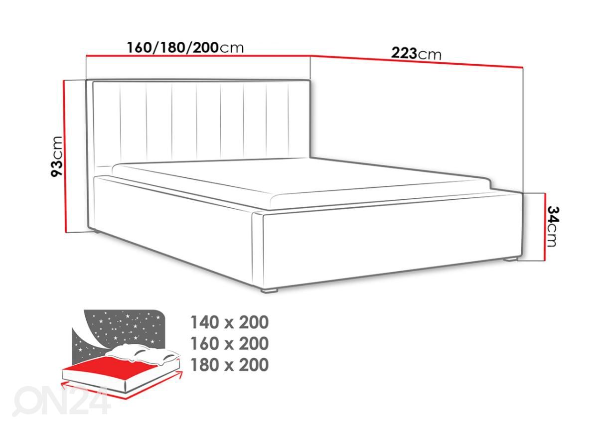 Sänky ylösnostettavalla sängynpohjalla 180x200 cm kuvasuurennos mitat