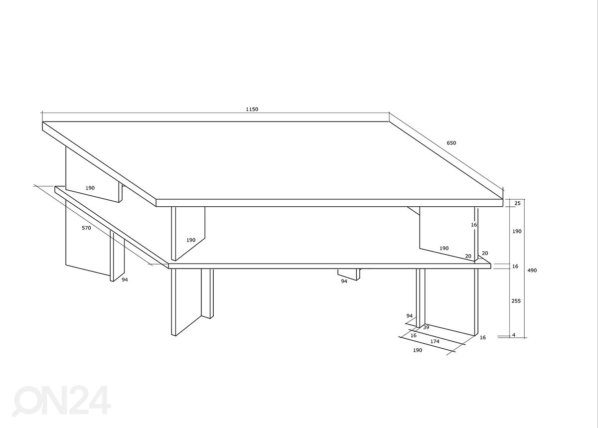 Sohvapöytä 65x115 cm kuvasuurennos mitat