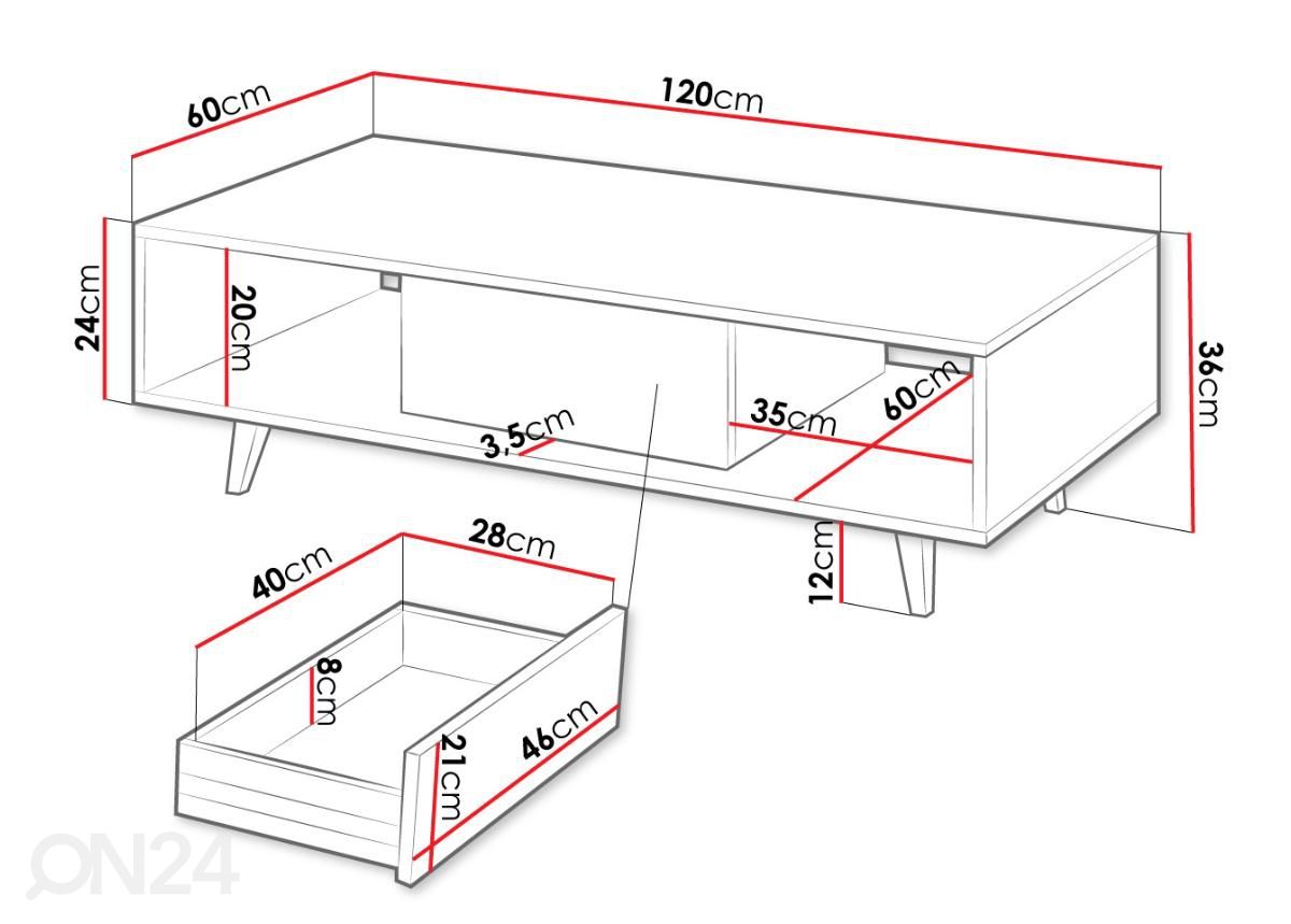 Sohvapöytä Ferido 120x60 cm kuvasuurennos mitat