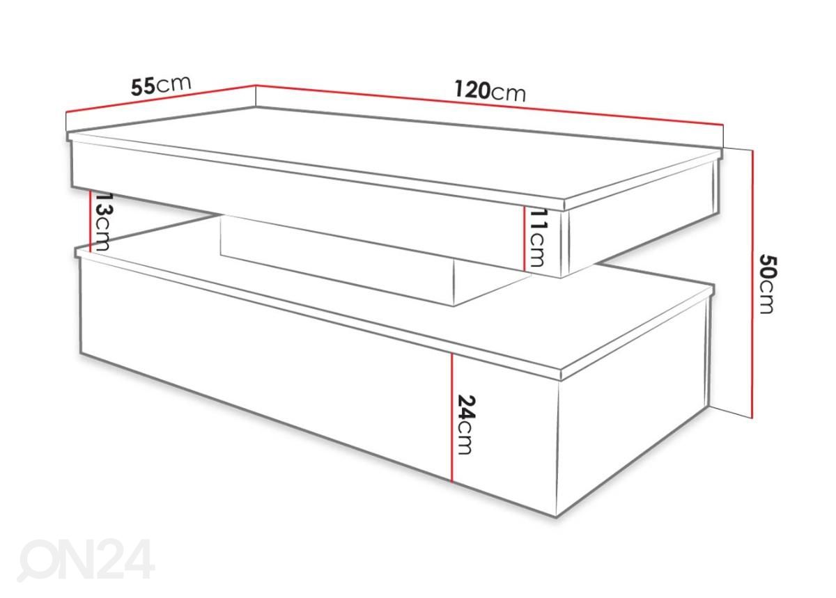 Sohvapöytä Glossa 120x55 cm + LED kuvasuurennos mitat