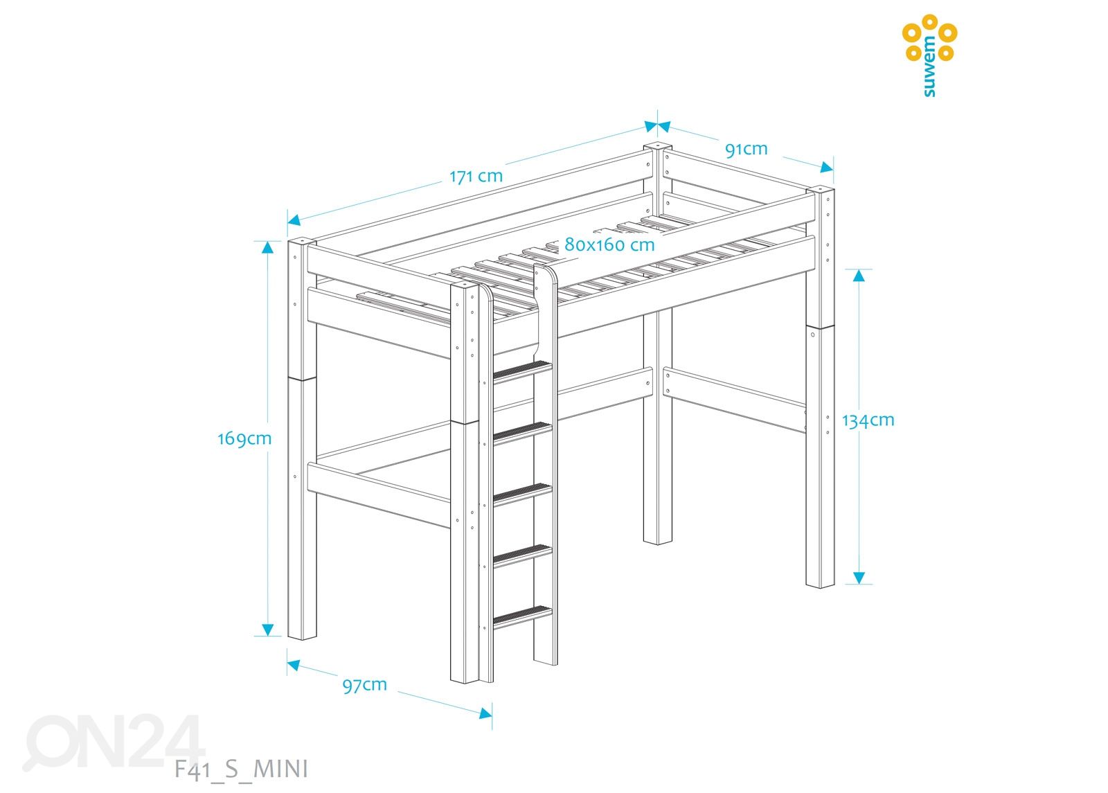 Suwem korkea parvisänky Lahe MINI pystytikkailla 80x160 cm kuvasuurennos mitat