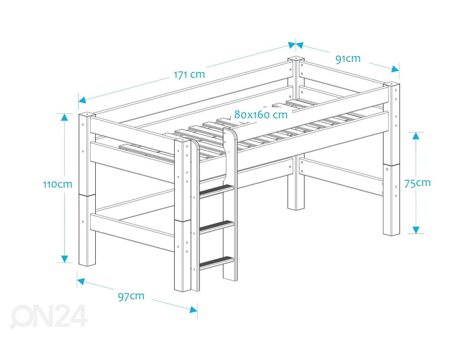 Suwem puoliparvisänky Lahe MINI viistotikkailla 80x160 cm kuvasuurennos mitat