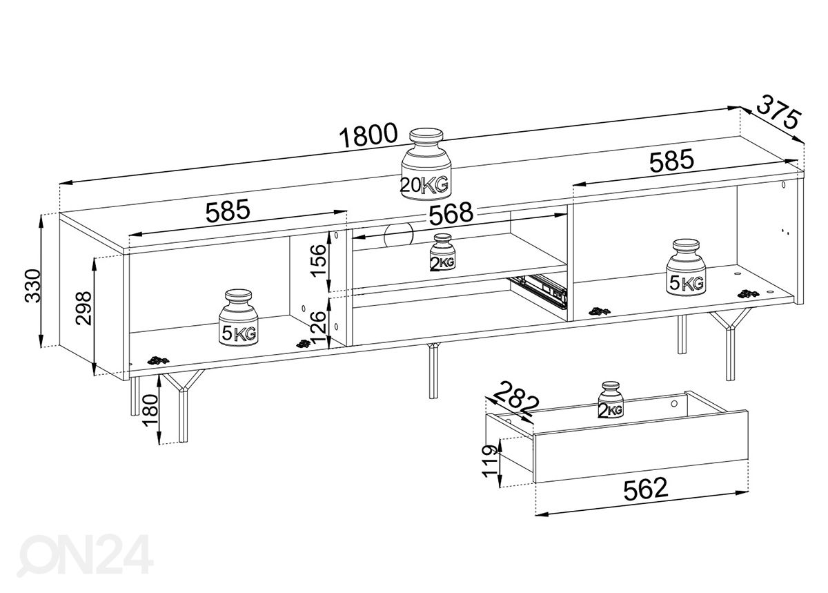 TV-alus Crisp 180 cm kuvasuurennos mitat