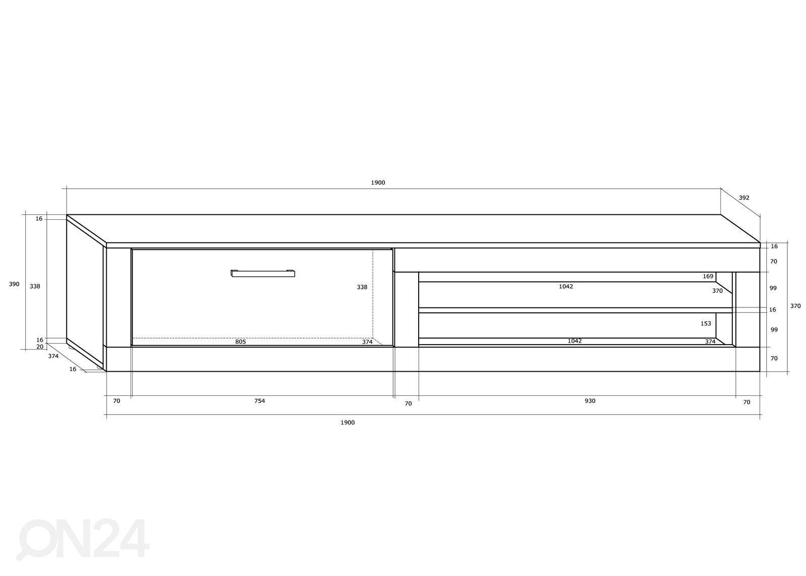 TV-taso 190 cm kuvasuurennos mitat