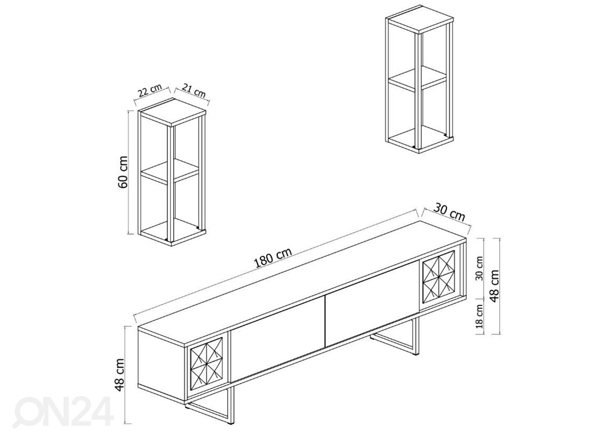 TV-taso Bithynia 180 cm + seinähyllyt kuvasuurennos mitat