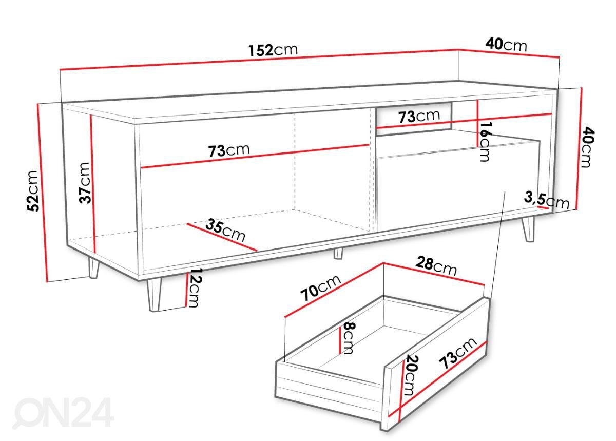 TV-taso Ferido 152 cm kuvasuurennos mitat