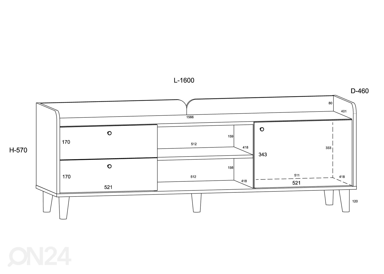 TV-taso Glandore 160 cm kuvasuurennos mitat