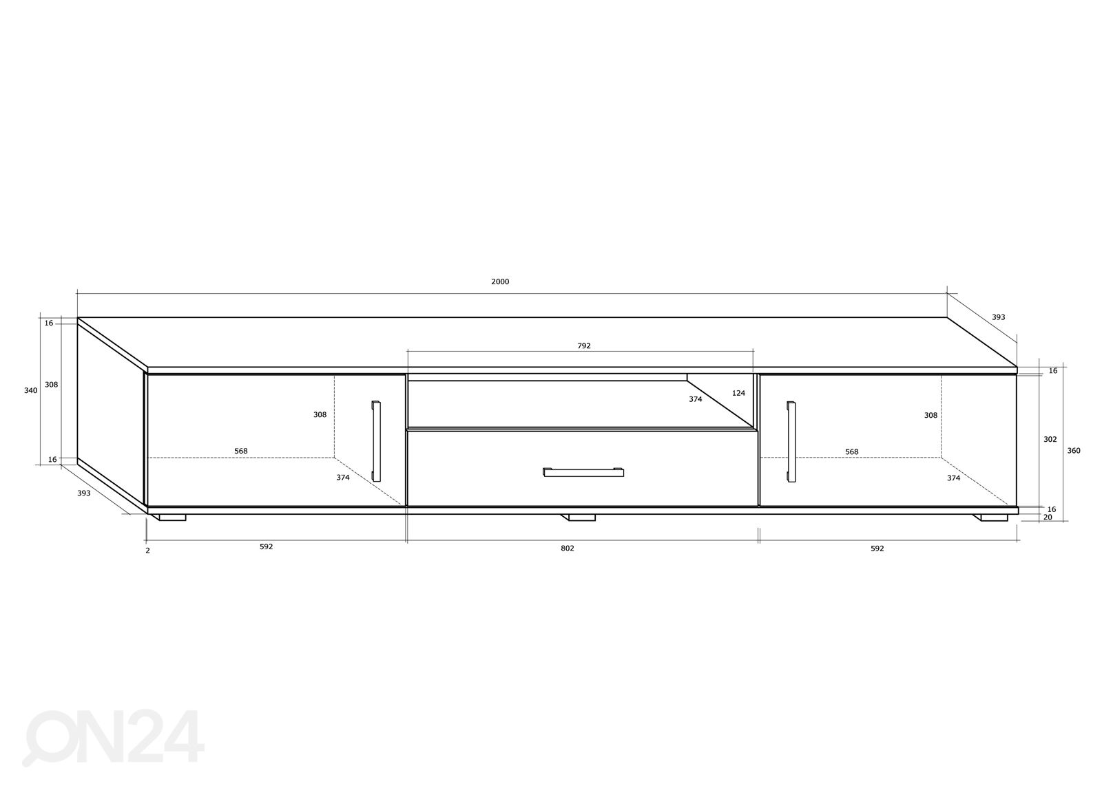 TV-taso Kerry 200 cm kuvasuurennos mitat