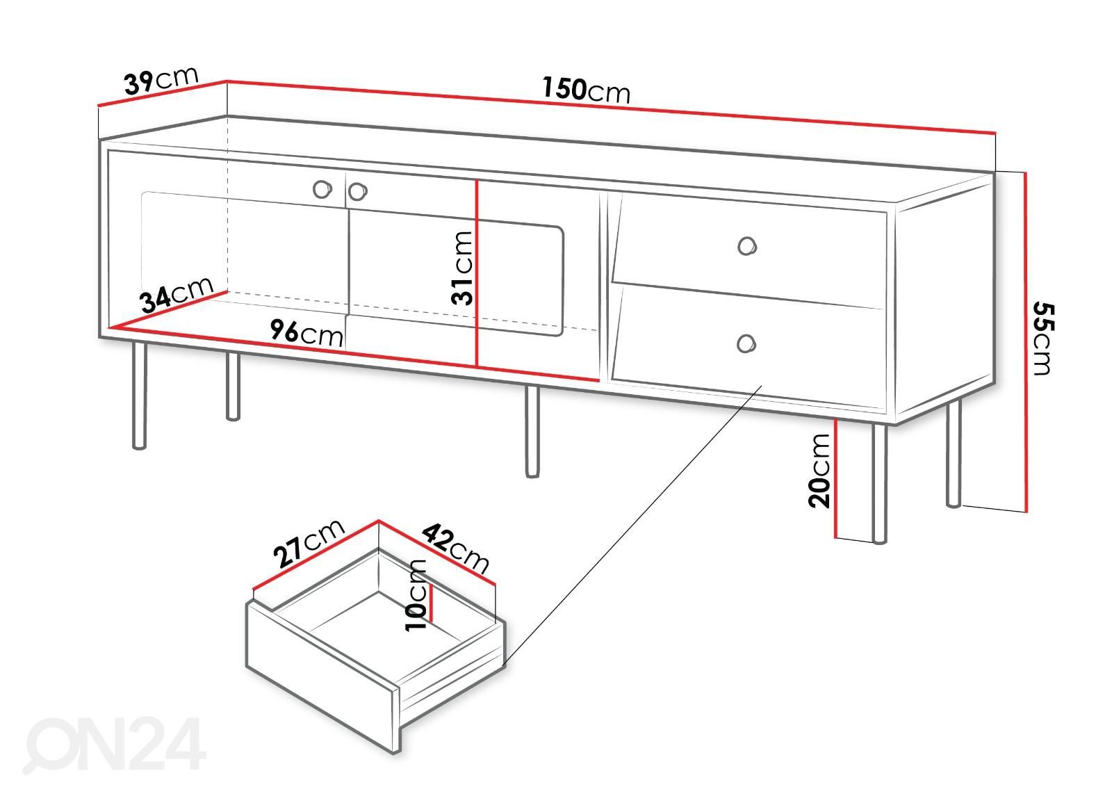 TV-taso Valerio 150 cm kuvasuurennos mitat