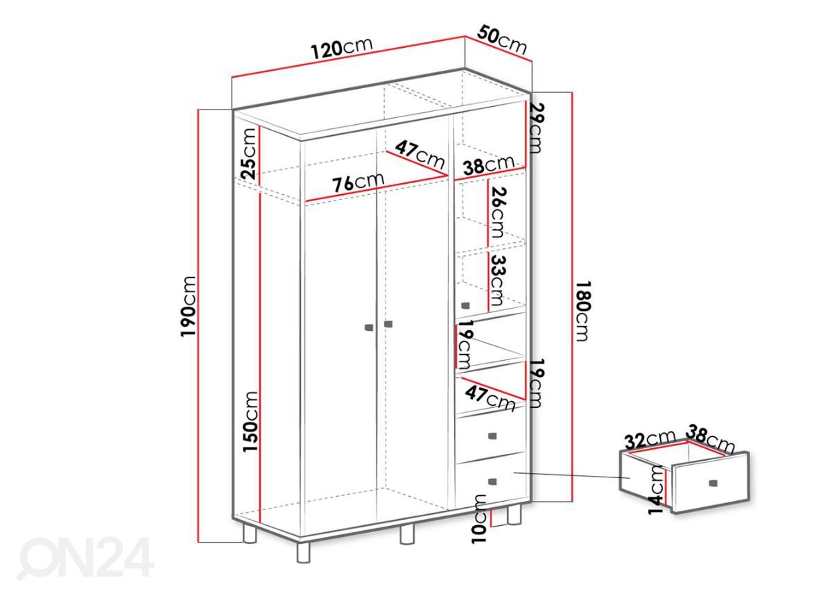 Vaatekaappi 120 cm kuvasuurennos mitat