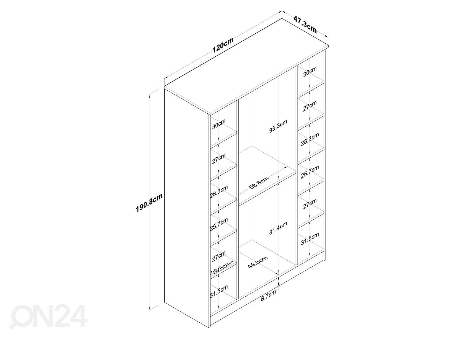 Vaatekaappi 120 cm kuvasuurennos mitat