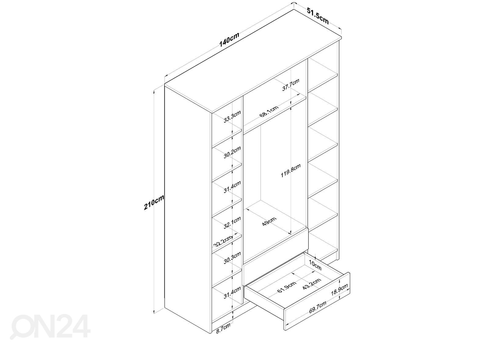 Vaatekaappi 140 cm kuvasuurennos mitat